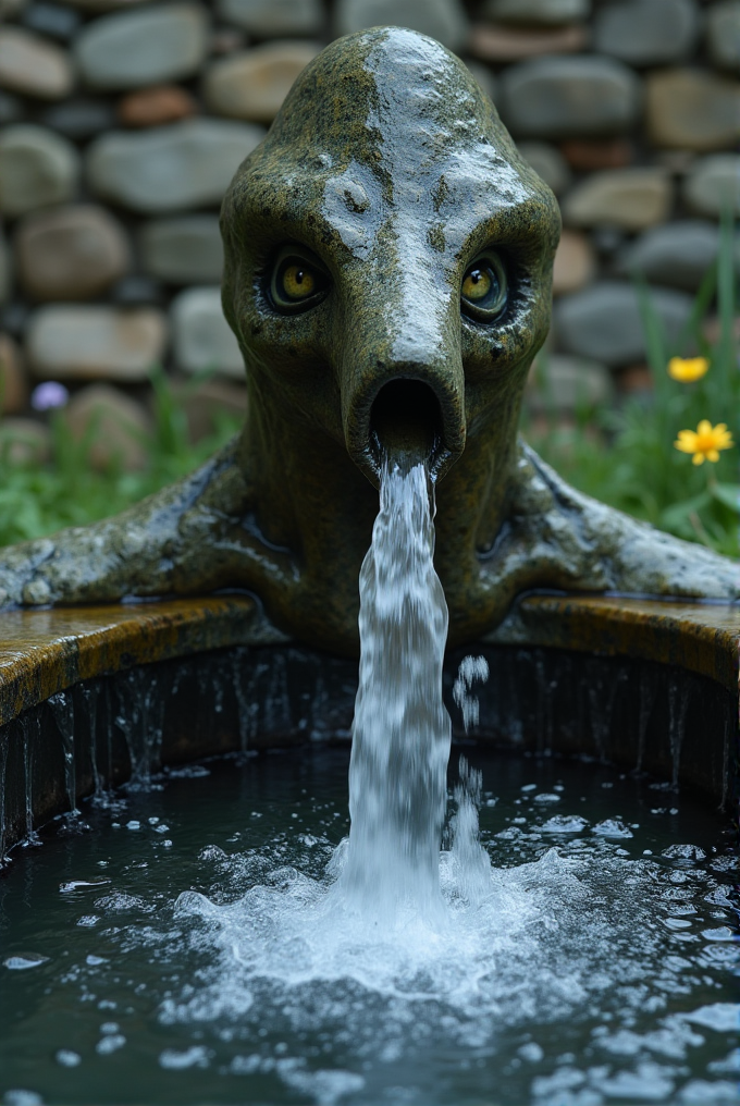 A water fountain shaped like a creature with yellow eyes releases water into a stone basin.