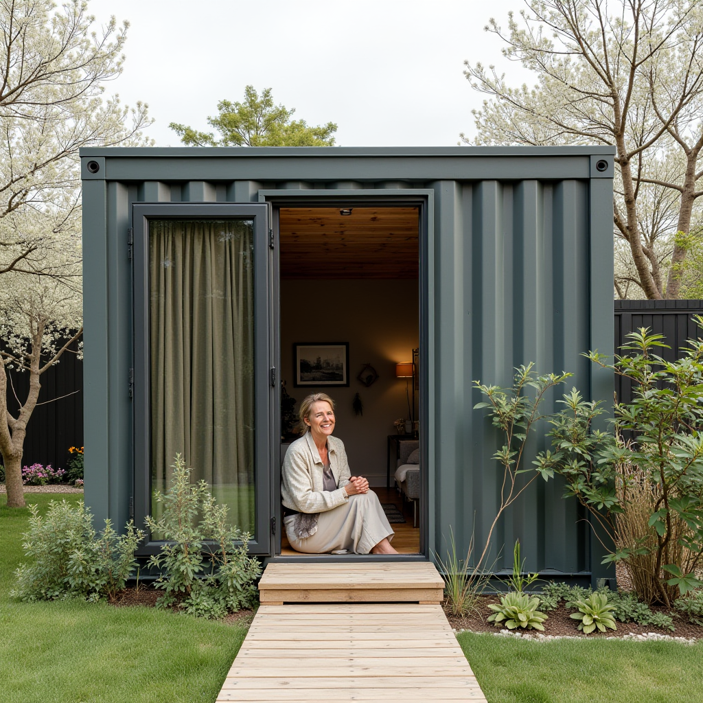 A person sits contentedly at the entrance of a cozy, modern tiny house surrounded by lush greenery.