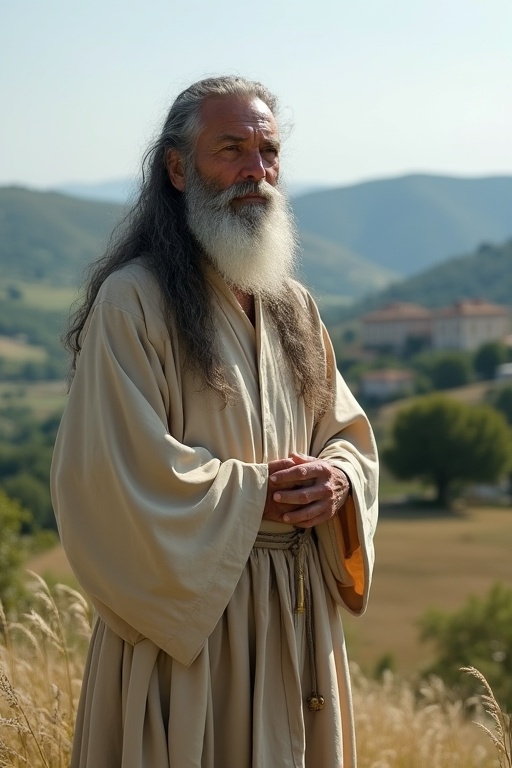 An old ascetic priest with long grey black hair and short beard dressed in a natural-colored ceremonial robe stands on a hill. He appears stern and wise against the background of southern France.