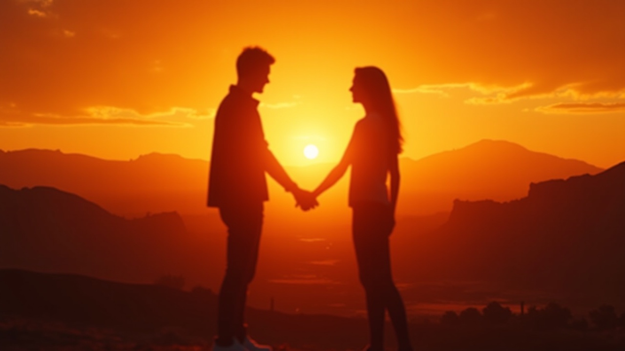 Silhouette of a couple holding hands during a sunset, with mountains in the background.