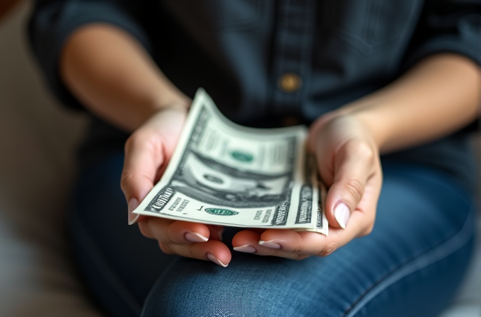 A person holds a stack of 100-dollar bills in their hands, wearing a casual outfit.