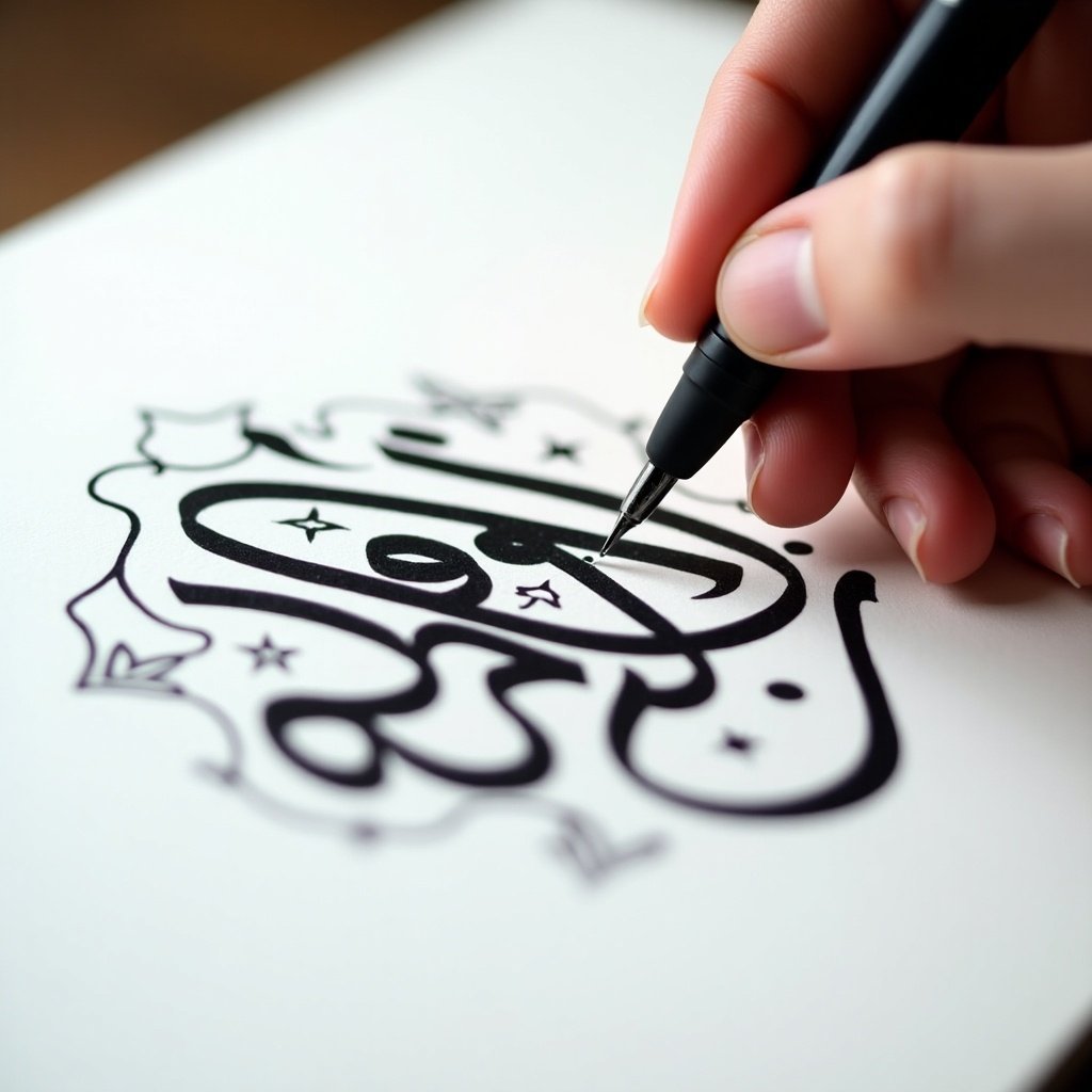 Close-up view of hand using pen to write Arabic calligraphy. Bold black ink on white paper. Steady hand focuses on letters. Surrounding designs enhance main calligraphy. Soft lighting improves strokes. مقام السّعادة