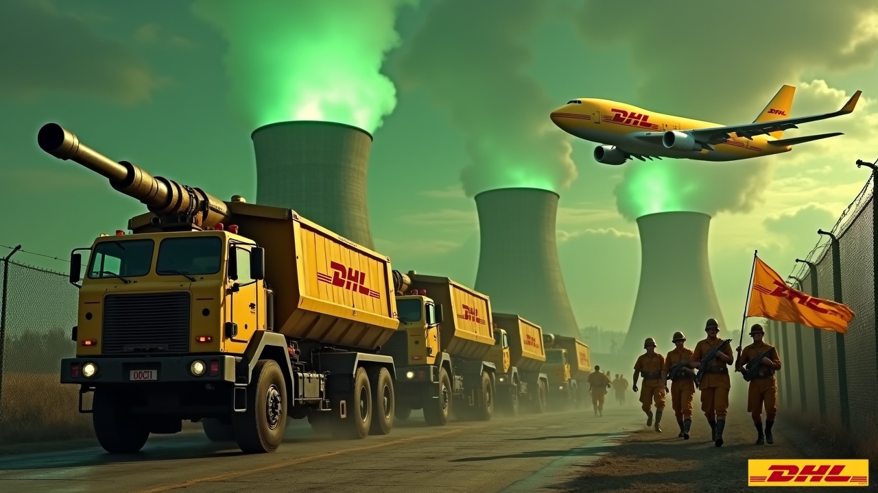 In a dramatic scene, several large yellow armored trucks, equipped with a large roof mounted cannon, are driving beside a fence. The sides of the trucks clearly show the DHL logo. Nearby, several soldiers wearing yellow uniforms and holding rifles are seen marching together in unison. One soldier is holding a large flag with the DHL logo clearly visible. In the background, we can see the prominent smokestacks of a nuclear power plant, glowing green. The sky is awash with an evil green glow, and a large yellow DHL cargo plane flies above, adding to the intensity of the scene. At the bottom, we see the DHL logo, displayed in bold, yellow text.