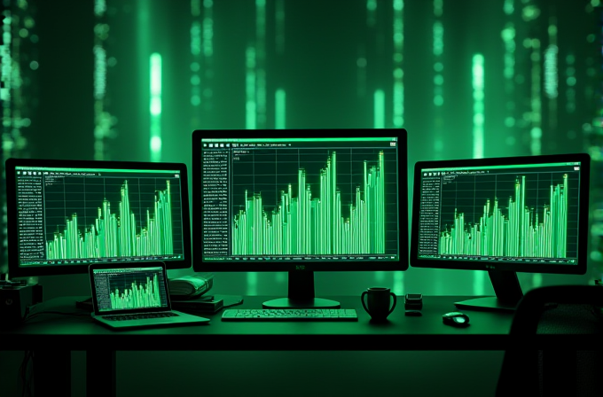 A dimly lit workspace features three monitors and a laptop, all displaying green-colored data charts, set against a digital matrix-like background.