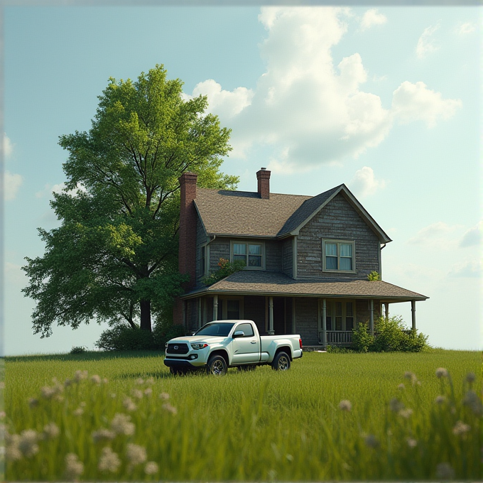 A white truck is parked in front of a wooden house surrounded by greenery.