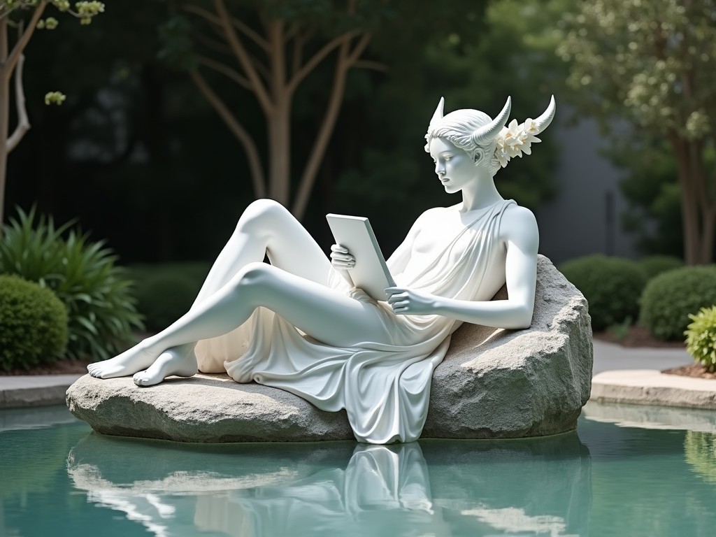 a marble statue of a deity or muse, styled in classical Greek fashion, holding and reading a digital tablet, situated on a stone surrounded by a tranquil garden pool, blending ancient art with modern technology.