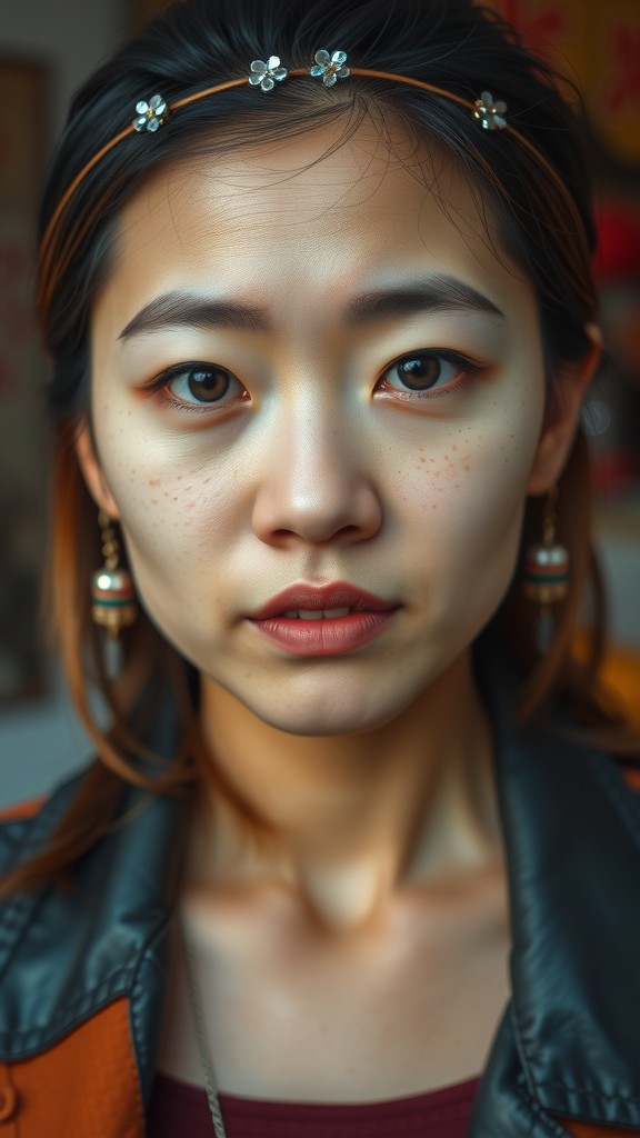 A portrait of a woman wearing a floral headband and earrings, showcasing her serene expression.