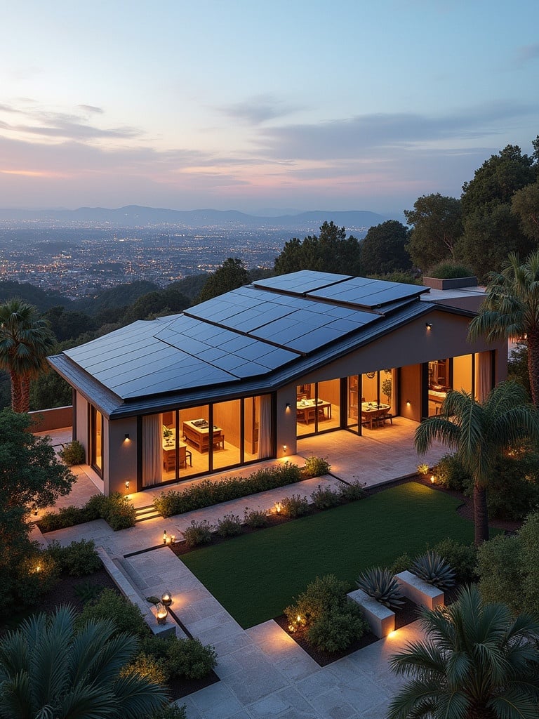 Luxury home at twilight with visible solar panels on the roof. Surrounded by a landscaped garden and palm trees. Aerial view showcasing eco-friendly design.