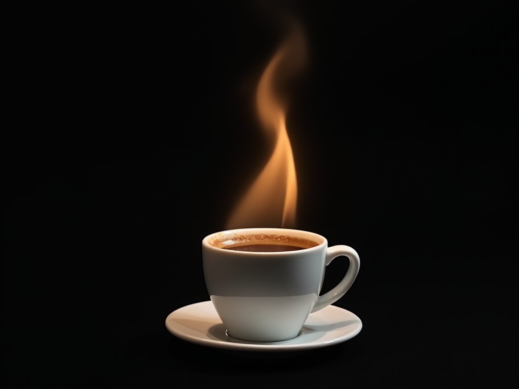 The image features a steaming cup of coffee placed on a saucer. The cup is white and elegantly shaped, making it stand out against a solid black background. Above the cup, steam rises in a unique shape that resembles a flame. This artistic representation adds a sense of warmth and comfort associated with drinking coffee. The overall composition uses soft lighting to emphasize the steam and create a cozy atmosphere. It's perfect for illustrating themes related to coffee and relaxation.