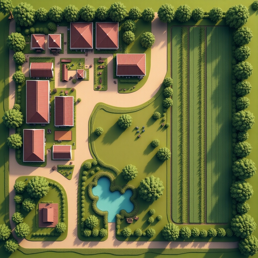 Aerial view layout for a 2.5-acre farm. The design includes a dairy unit for five cows, a duckery, and fisheries with a pond, surrounded by horticulture plants along the boundaries. There is a designated crop production area and pathways with buffer zones throughout the property.