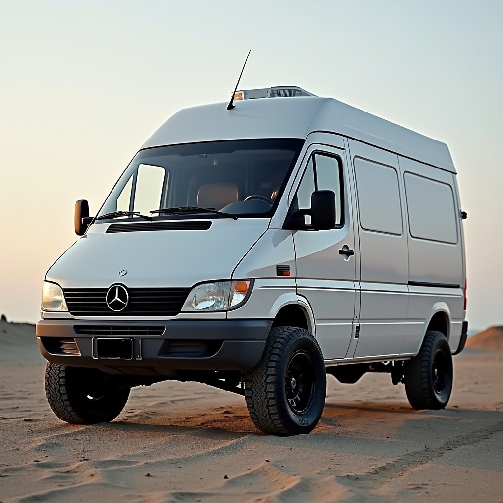 A white Mercedes Vito camper van from 1993 with an elevated roof is positioned on sandy terrain during sunset. The vehicle has off-road tires and a modern design against a clear sky.