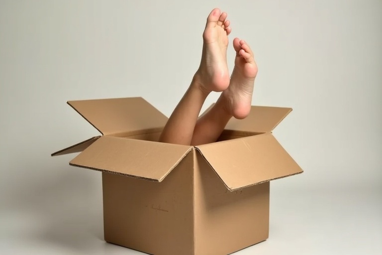 Female feet stick out from a large cardboard box that has open flaps. The background is neutral and simple.