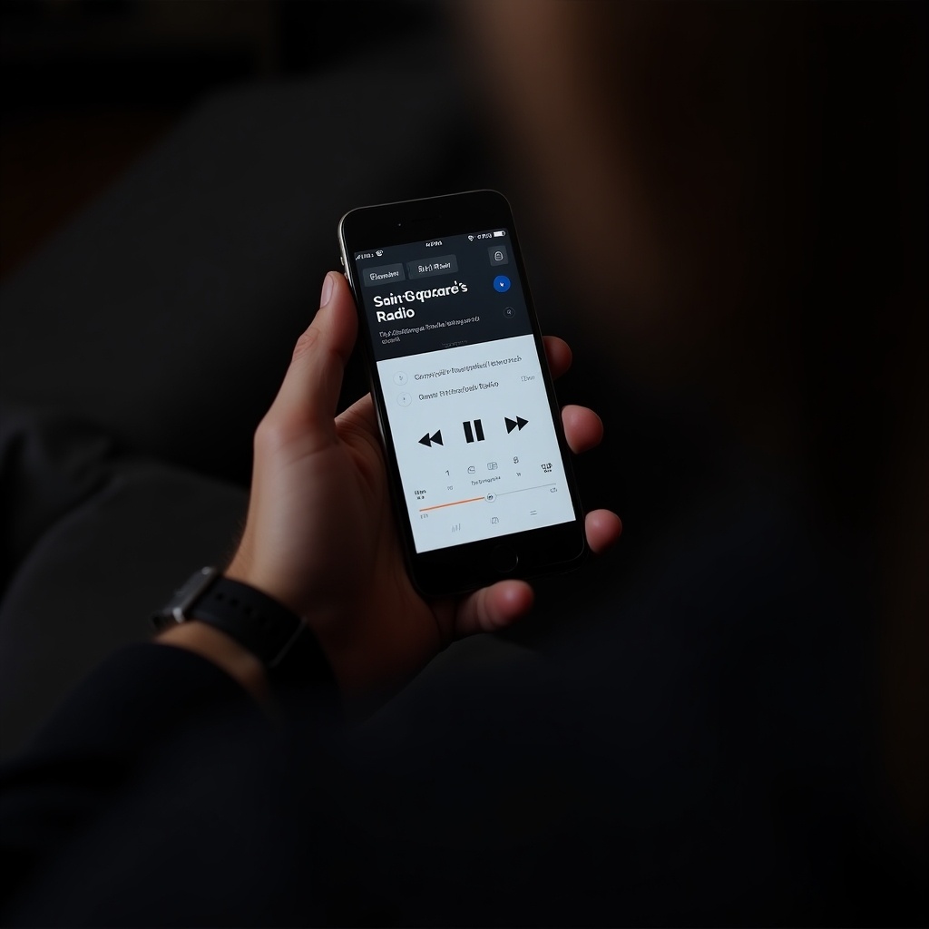 A hand holds a smartphone displaying the Saint square radio app. The app shows a play screen with radio options. The person is listening to the radio app.