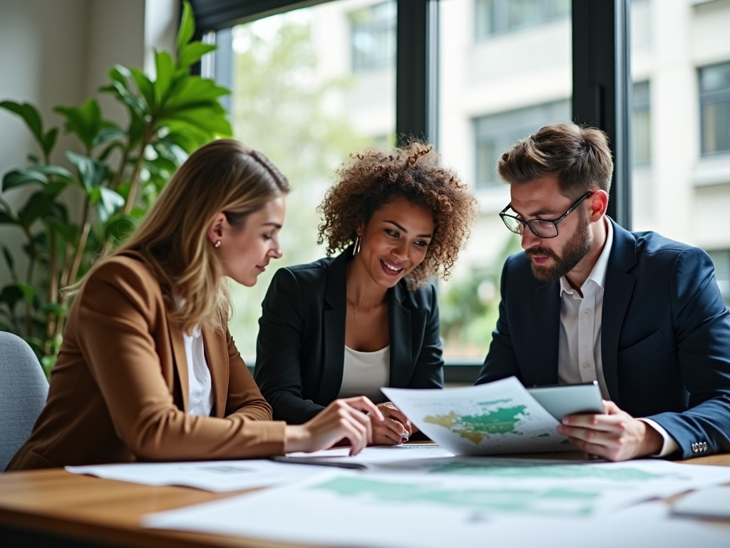 A diverse team of three professionals is collaborating at a table in a bright, modern office. They are engaged in studying environmental reports, with one person pointing to a map displayed on a tablet. The atmosphere is professional and inviting, characterized by large windows that let in natural light. Surrounding the team are green plants, which add a fresh feel to the space. The team consists of individuals from different backgrounds, showcasing diversity in a corporate setting.