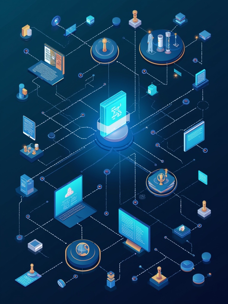 Stylized representation showing the flow of data supported by security measures. Icons of devices display connections illustrating information exchange. Elements like shields and locks highlight data security. The overall design uses blue tones with glowing effects. An isometric perspective enhances the technological theme.