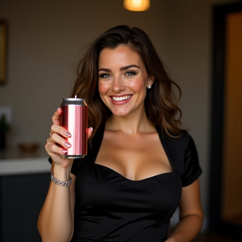 A woman in elegant attire holds a beverage can. The setting is stylish and sophisticated. She has a confident pose with a focus on her outfit and the drink.