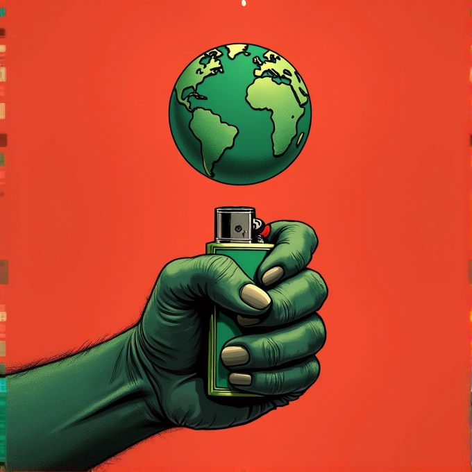 A green hand holds a lighter with a globe floating above, set against an orange background.