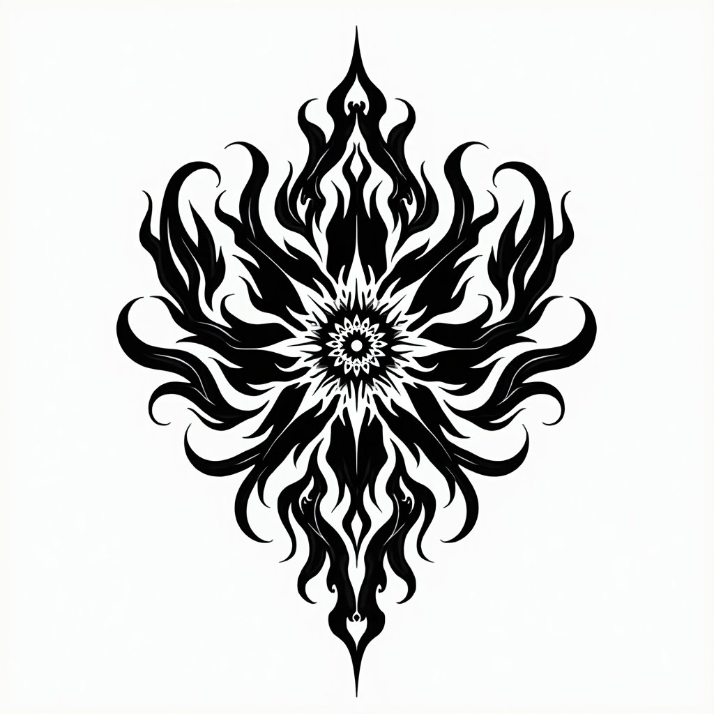 Three dimensional tribal design in black and white transitioning to multi-color. Intricate floral and flame elements combine in a symmetrical arrangement.