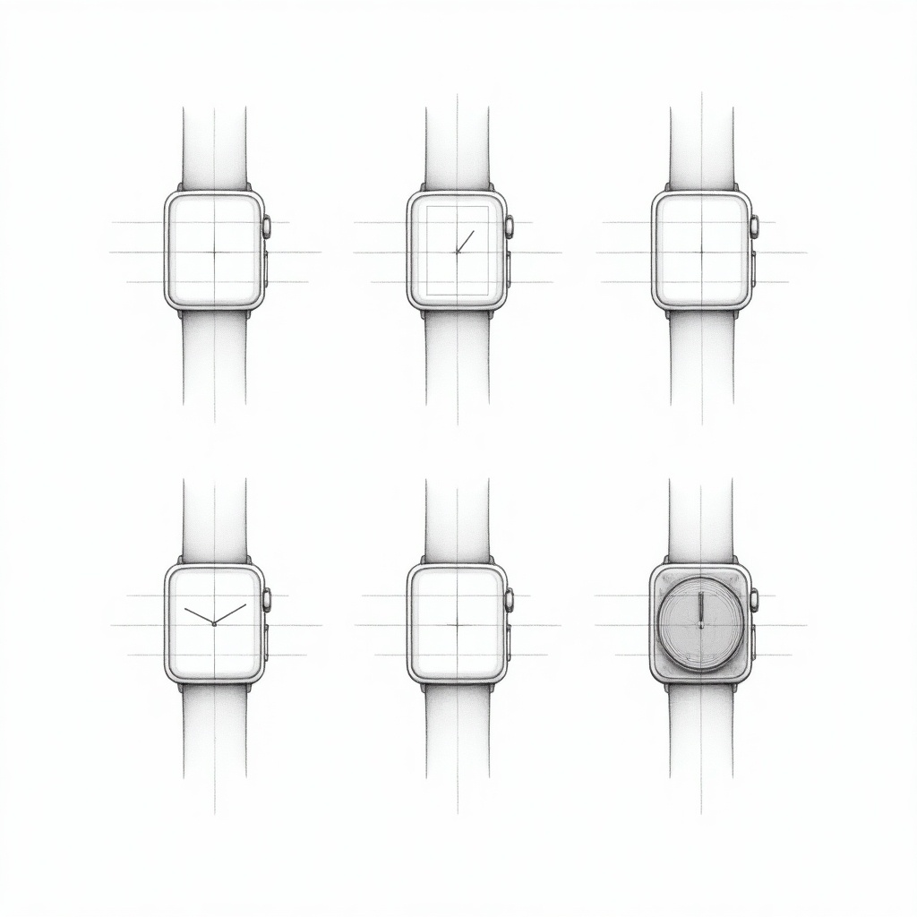 This image showcases a black and white pencil sketch of a square smartwatch using the European Projection Method. It contains six orthographic views: front, top, bottom, left side, right side, and back. Each view is neatly arranged in a grid for easy comparison. There are guide lines connecting the views to enhance clarity, mimicking traditional technical drawings. The design of the smartwatch is minimalist and square-shaped. The overall aesthetic reflects detailed yet simplified hand-drawn technical pencil work.