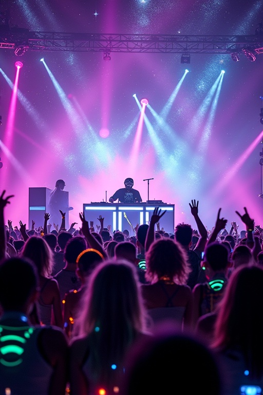 Dynamic lively festival scene with a DJ on a neon stage. Crowd dancing energetically in colorful rave costumes. Glowing face paint and LED elements present. Vibrant light effects create abstract patterns. Galactical backdrop with shooting stars and bright colors like purple pink and blue. Excitement energy of a modern rave event.