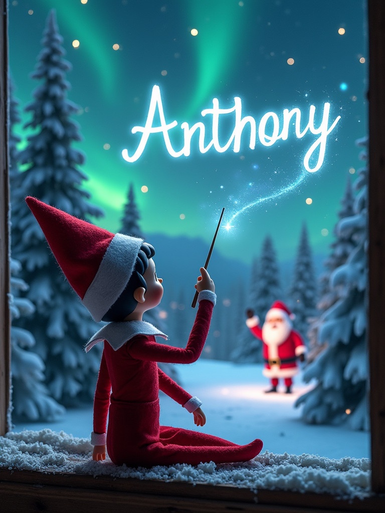 Elf on the shelf sits facing the snowy night sky. Elf writes Anthony in the air with a magic wand. Christmas backdrop includes snow-covered trees and northern lights. Santa appears in the distance enjoying the festive spirit.