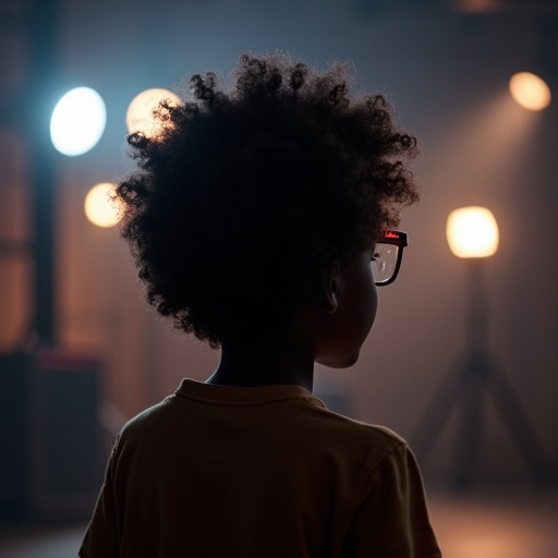 A young black darkskin boy aged ten with curly hair and glasses watches a film studio set from the back. Dimmed lights highlight the scene. His silhouette is visible against the backdrop. The atmosphere is creative and engaging.