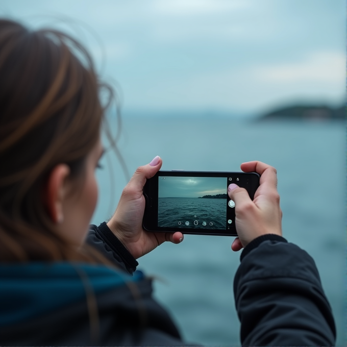 A person is taking a picture of the ocean with a smartphone.