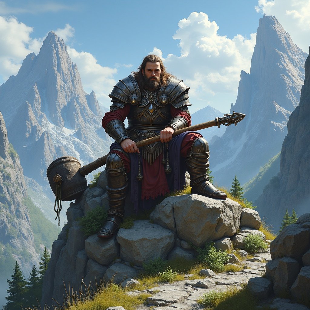 Dwarven bard rests on a maul. Character has long hair and detailed armor. Rugged landscape with mountains. Mystical fantasy environment.