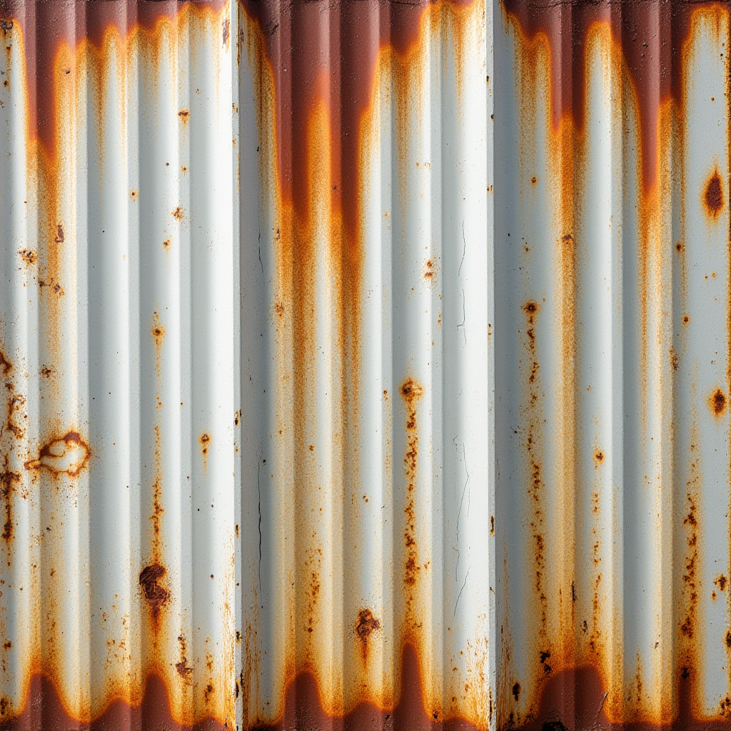 A close-up of rusty corrugated metal with streaks of red-brown corrosion.