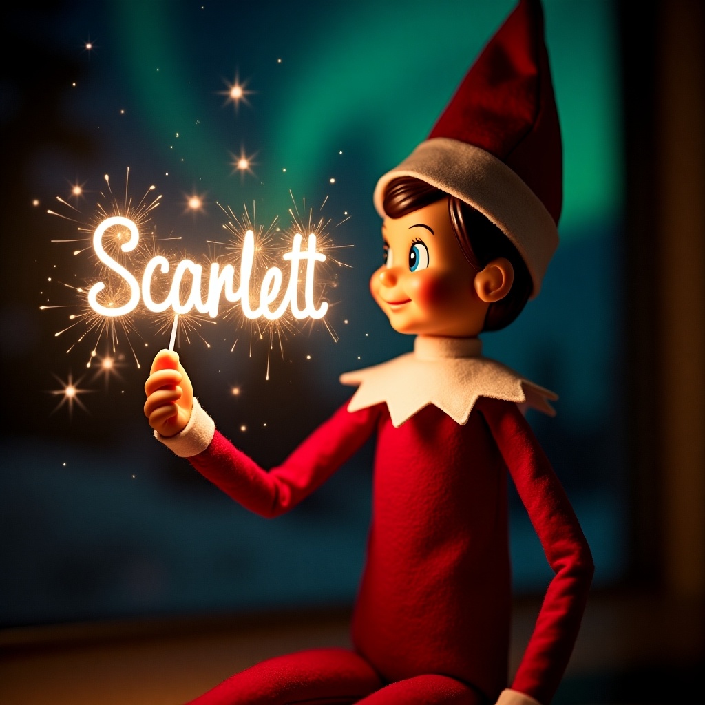 This image features a festive elf character, dressed in classic red and white attire, sitting in a cozy setting. The elf is holding a glowing sparkler spelling out the name 'Scarlett' with a soft light. The background is dark, enhancing the glow of the sparkling letters and creating a warm atmosphere. This scene captures the joyful spirit of the holiday season, evoking feelings of magic and cheer. The elf embodies the fun of Christmas traditions and the excitement for children during this time of year.