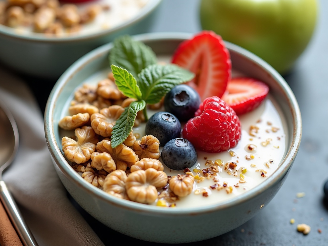 This image showcases a beautifully arranged bowl of overnight oats. The bowl is filled with creamy oats and is topped with an array of fresh berries, including raspberries, blueberries, and sliced strawberries. There are walnuts mixed in for added crunch. A green apple and mint leaves are placed nearby, enhancing the freshness. The natural lighting brings out the vibrant colors of the ingredients, making it visually appealing. This would be an ideal representation of a healthy breakfast option, perfect for food enthusiasts and nutrition lovers.