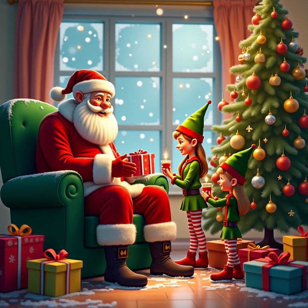 A cozy Christmas scene features Santa Claus sitting in a green chair. Cheerful elves prepare gifts. A beautifully decorated Christmas tree is present. Snow falls outside a window. Colorful presents fill the room.