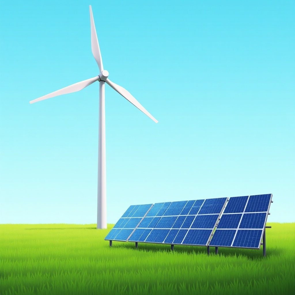 A wind turbine and solar panels coexist in a green field under a clear blue sky.