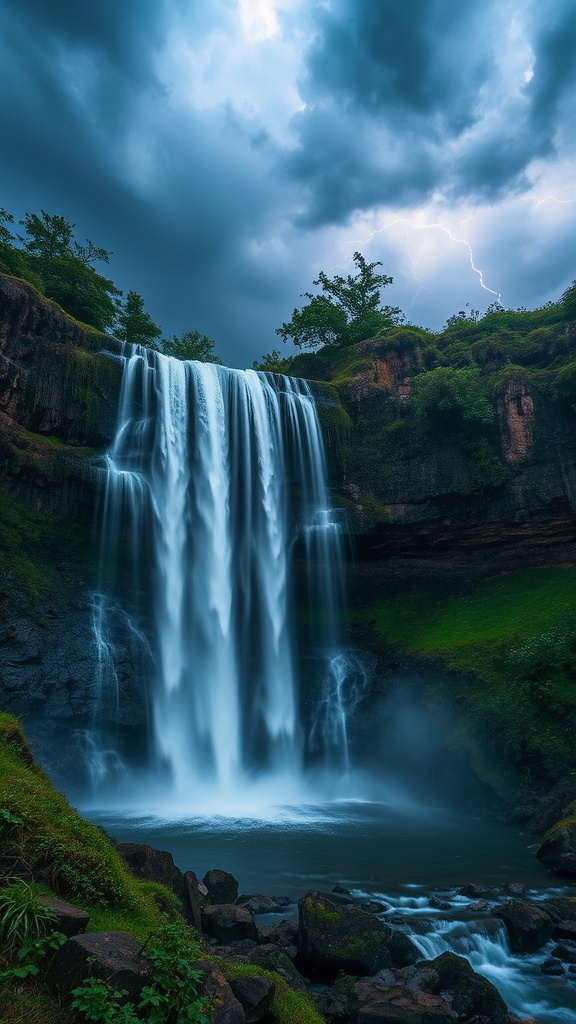 A dramatic waterfall under stormy skies with a visible lightning strike.