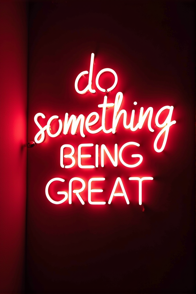 A glowing neon sign with the motivational phrase 'do something BEING GREAT' in bright pink-red letters against a dark background.