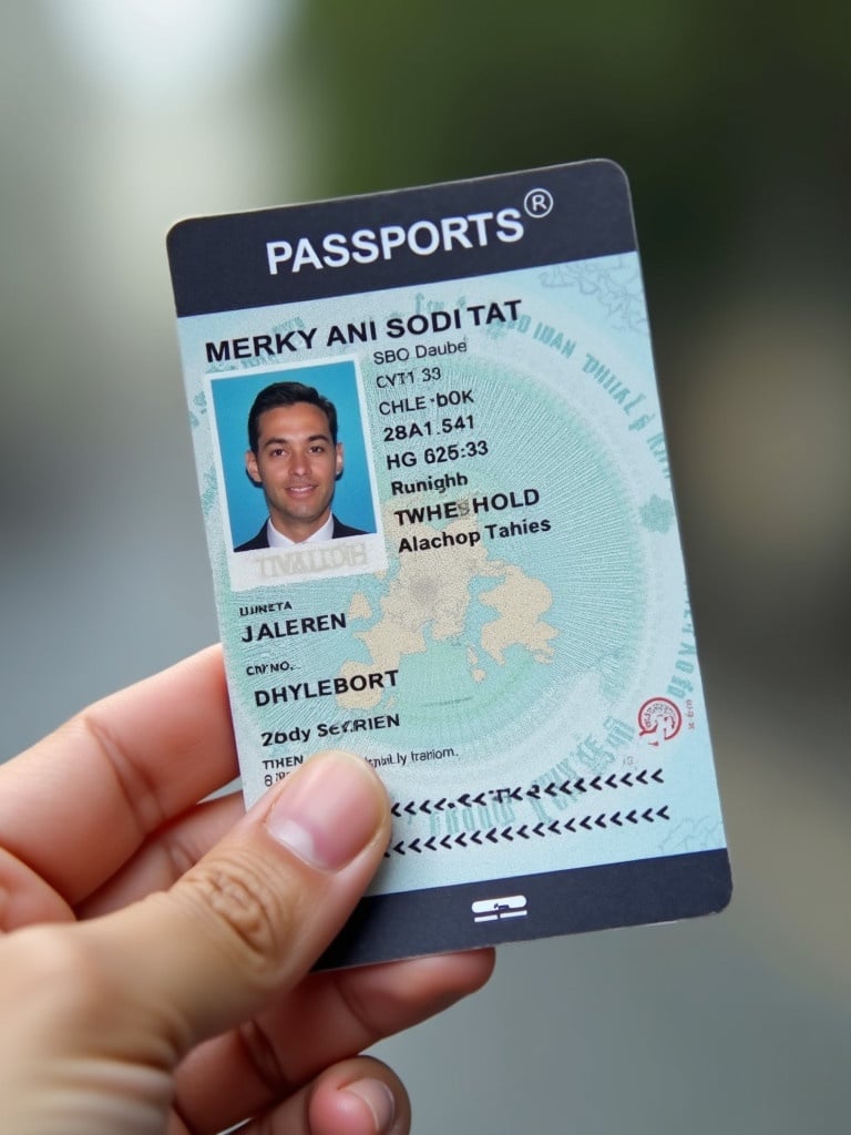 A passport ID card held in a hand. The card includes various personal details for identification. The card is shown clearly with a light blue and white color scheme. Focus on the card and the hand.