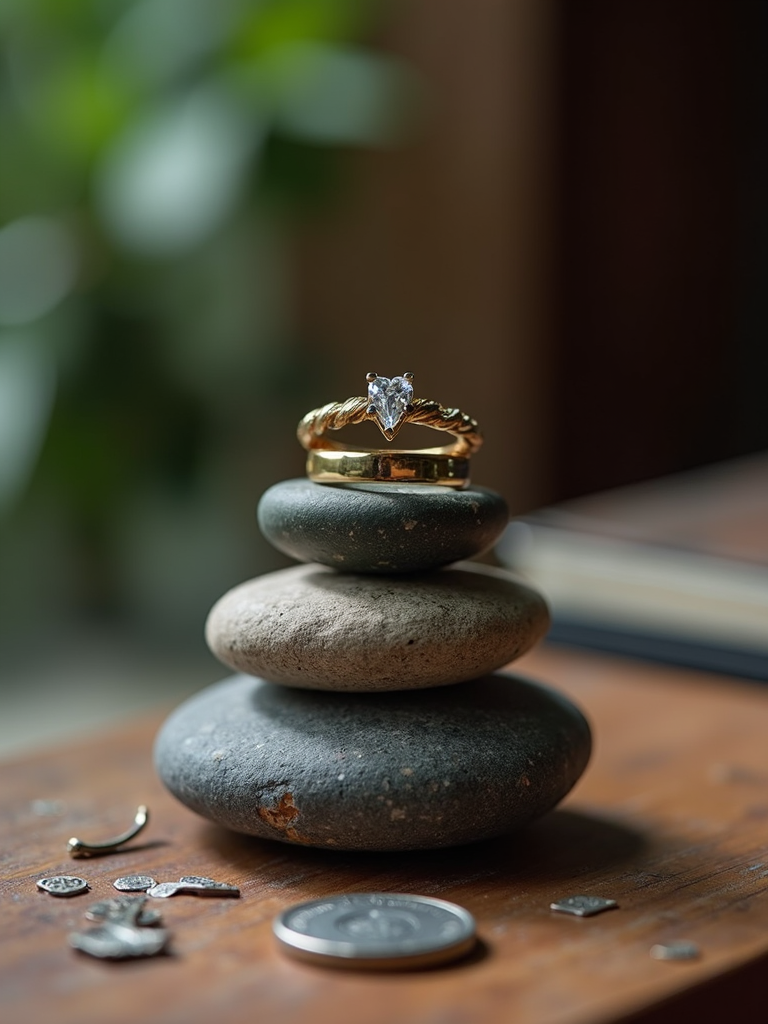 A delicate gold ring with a heart-shaped diamond rests atop a stack of smooth pebbles, surrounded by small metallic objects on a wooden surface.