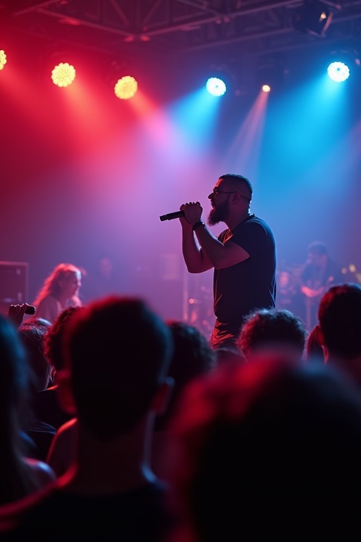 A performer passionately sings on stage. The atmosphere is lively with an engaged crowd. Stage lights are red and blue, highlighting the singer.