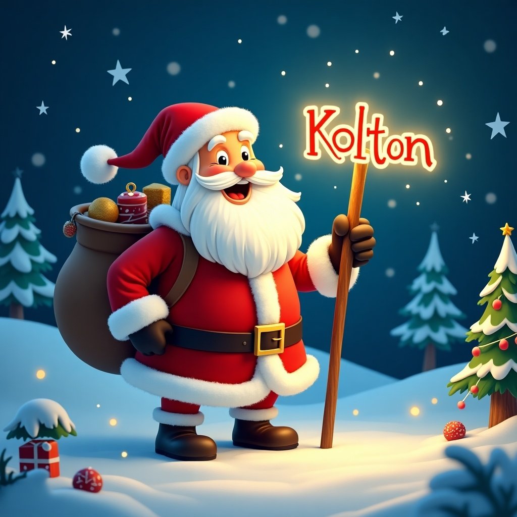 A cheerful Santa Claus is depicted in a snowy landscape, presenting a glowing stick that elegantly writes the name 'Kolton'. He wears his classic red and white outfit, complete with a jolly smile. Surrounding him are festive elements, including snow-covered trees and colorful decorations. The warm glow from the stick creates a magical atmosphere, suggesting a spirit of generosity and joy. This illustration captures the essence of Christmas celebrations and the personalized touch of holiday magic.