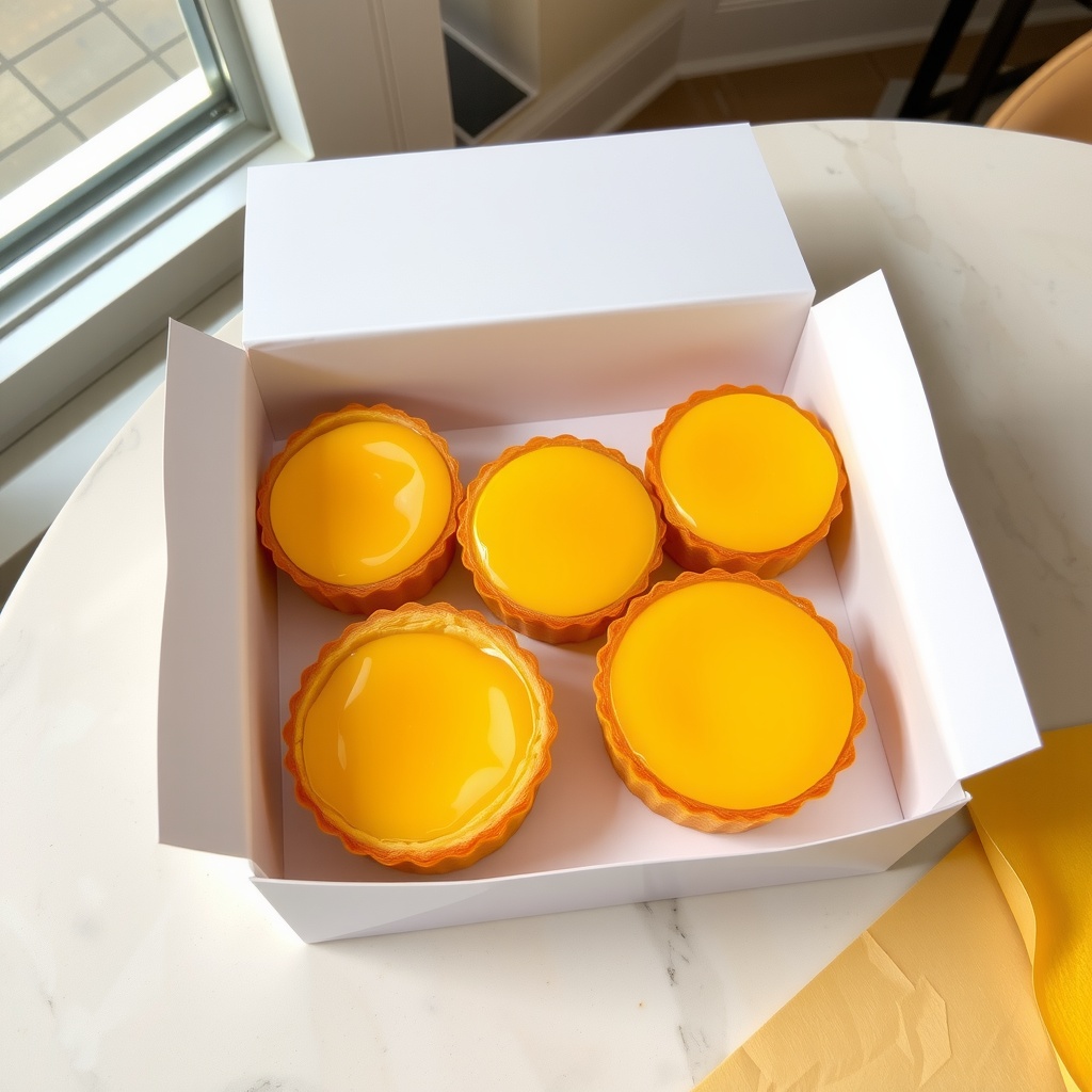 A box of five glossy, yellow egg tarts on a marble table.