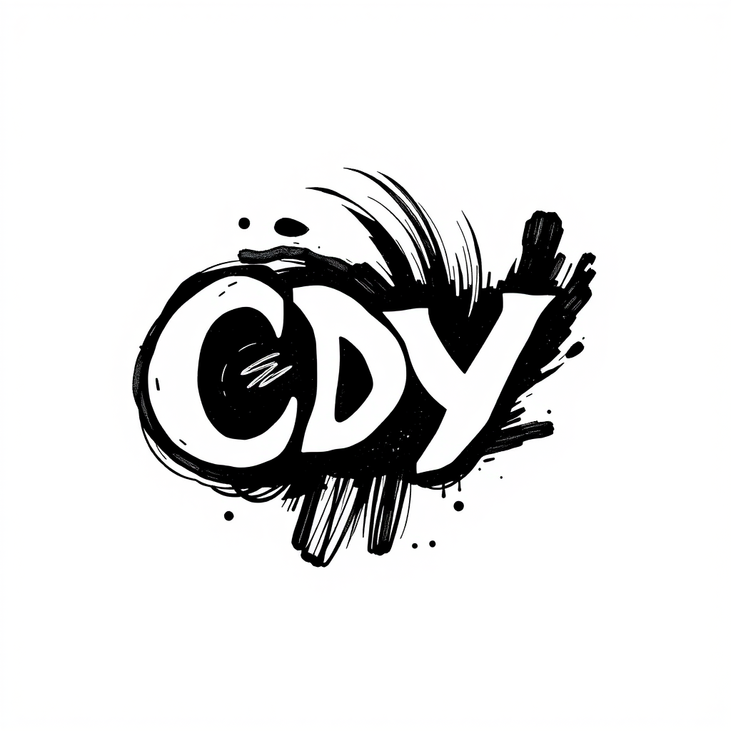 The image is a stylized, bold lettering artwork featuring the letters "CDY." The letters are drawn in a dynamic, graffiti-inspired font with thick lines and irregular edges. Surrounding the text is an abstract, expressive black brushstroke pattern that gives the design a sense of energy and movement. The background is plain white, which accentuates the contrast and makes the black-and-white design stand out with a striking intensity. Dots and varying lines contribute to the artistic, urban aesthetic.