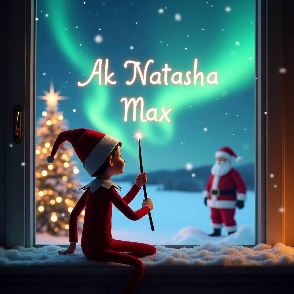 A Christmas scene features an elf with his back to the viewer, gazing at a magical sky. The elf uses a wand to write 'Natasha' and 'Max' in the air. The landscape has beautiful northern lights and a Christmas tree with sparkling lights. Santa Claus is in the background. Snow covers the window ledge.