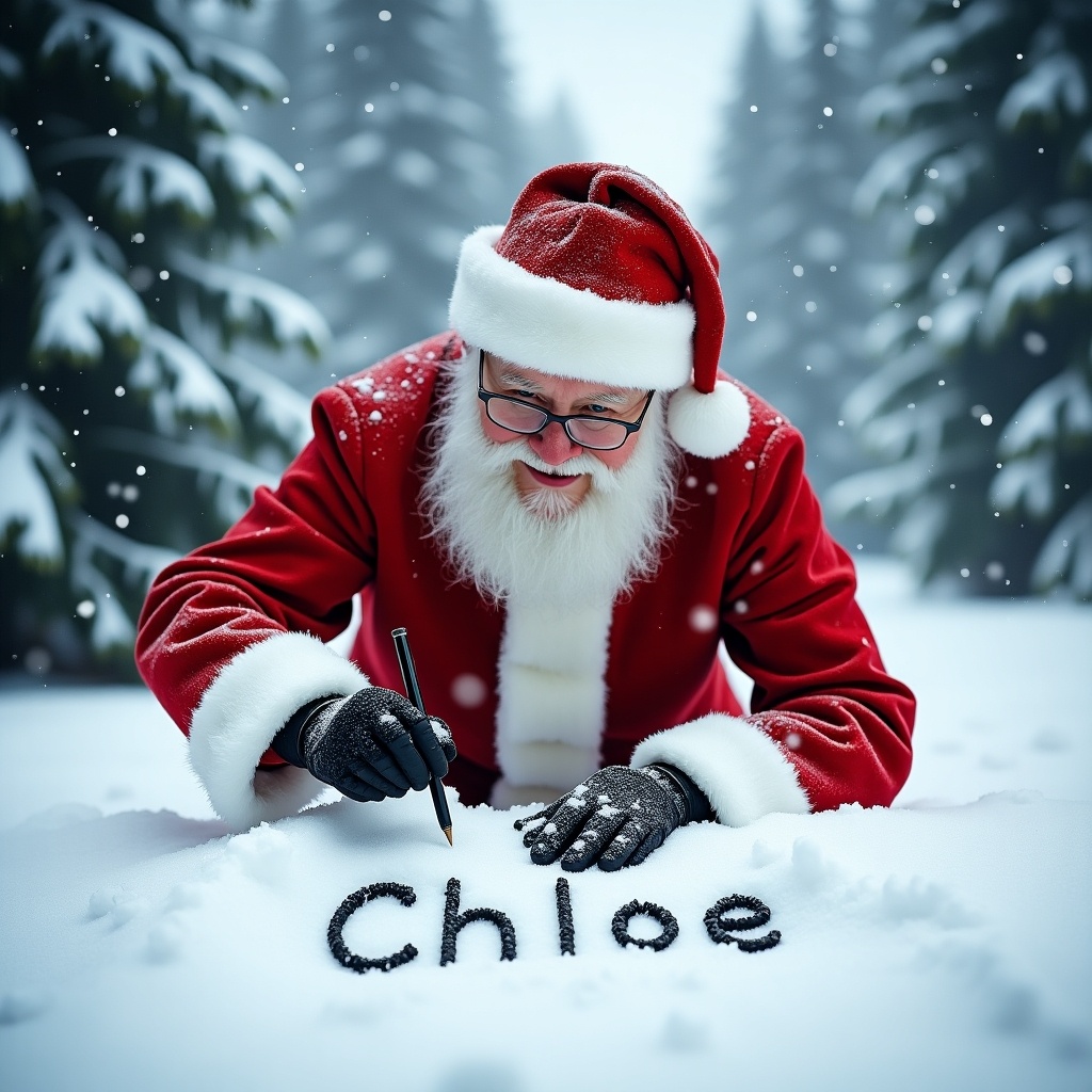 Santa Claus in traditional red suit writes the name Chloe in snow. Soft snow falls around him. Tall snow-covered trees are in the background. The scene creates a serene winter atmosphere. Joyful demeanor is showcased.