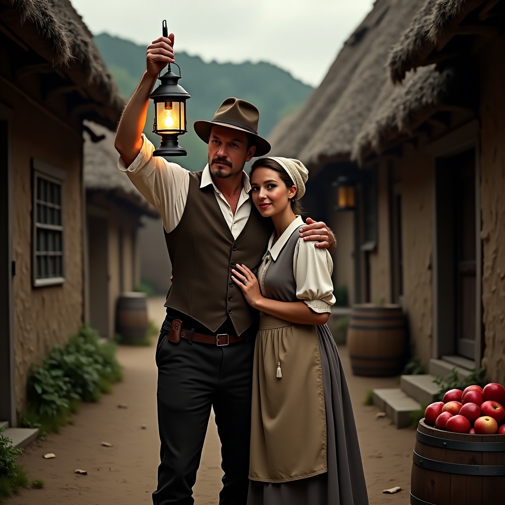 A man and a woman stand closely together in a historical village setting. The man holds a vintage lantern high, providing light in the dim surroundings. The woman, dressed in a traditional bonnet and apron, leans against him. Behind them are rustic wooden houses with thatched roofs, indicative of a past era. A small barrel filled with red apples sits nearby, adding color to the earthy tones of the scene.