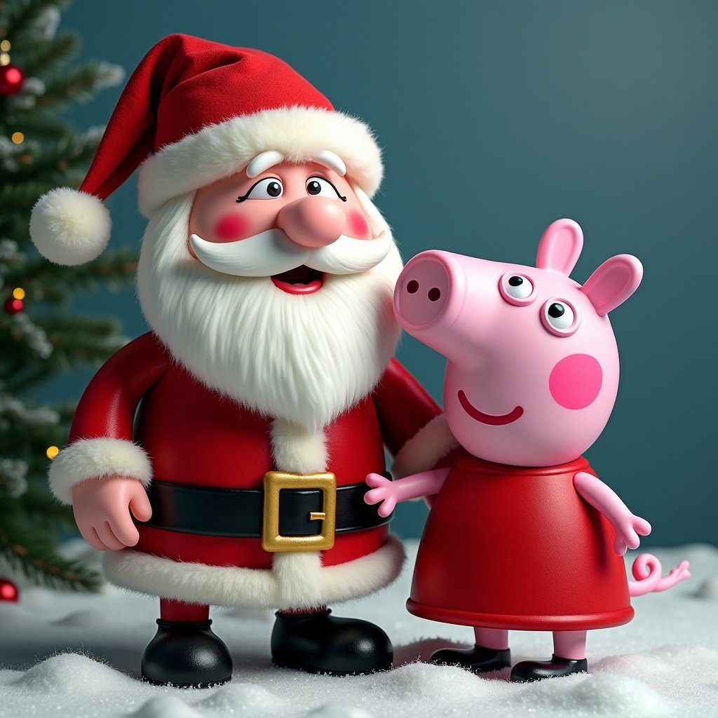 The image features Santa Claus standing beside Peppa Pig, creating a cheerful holiday scene. Both characters are smiling and appear happy, embodying a festive spirit. The background is decorated with a Christmas tree and fluffy snow, enhancing the wintery atmosphere. Peppa, dressed in her signature red dress, holds Santa's hand, symbolizing friendship and joy during the holiday season. This charming illustration captures the essence of Christmas and is perfect for children and families.