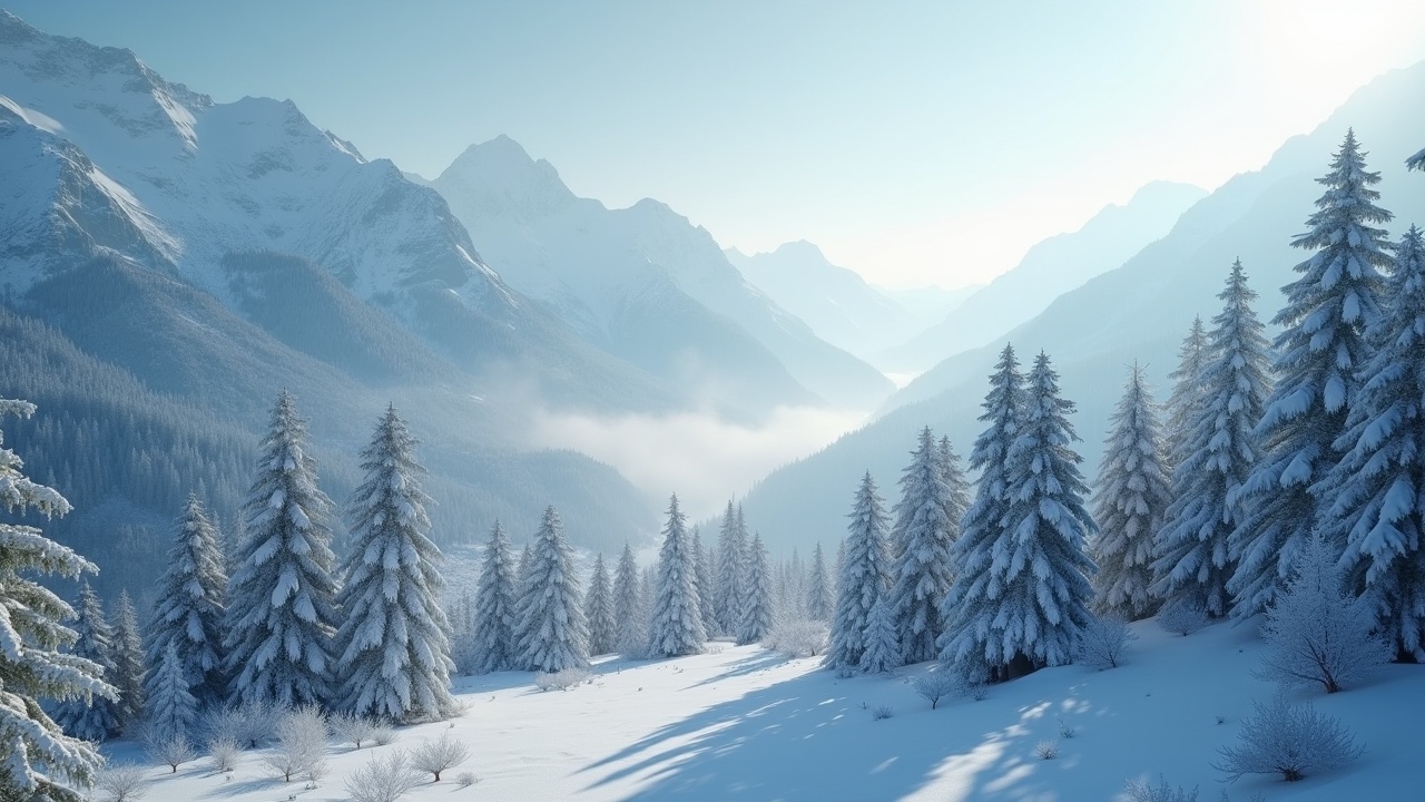 This image captures a breathtaking winter landscape from a bird's-eye view. The scene is dominated by majestic mountains blanketed in soft, white snow. Light snowfall adds a serene touch, enhancing the beauty of the untouched landscape. Pine trees are scattered throughout the snowy valley, creating a peaceful atmosphere. The soft light gives the entire scene a gentle glow, reminiscent of a cinematic moment. Perfect for evoking feelings of tranquility and wonder in winter lovers.