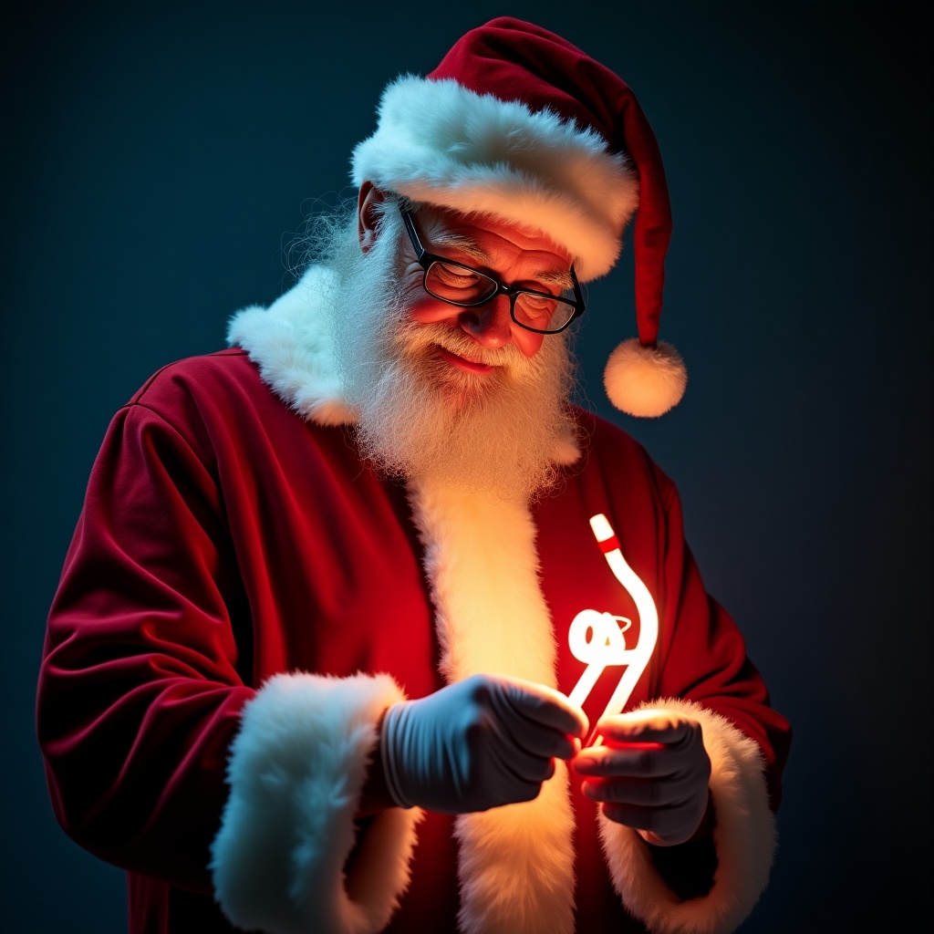 This image features a jolly Santa Claus in a traditional red suit with white fur trim. He is focused on writing the name 'Otis' using a glow stick, which emits a bright glow. The background is a deep blue, providing contrast to Santa's outfit. His glasses and white beard add to his cheerful expression. The scene captures the magic and joy of the Christmas season, showcasing a modern twist with the glow stick element.