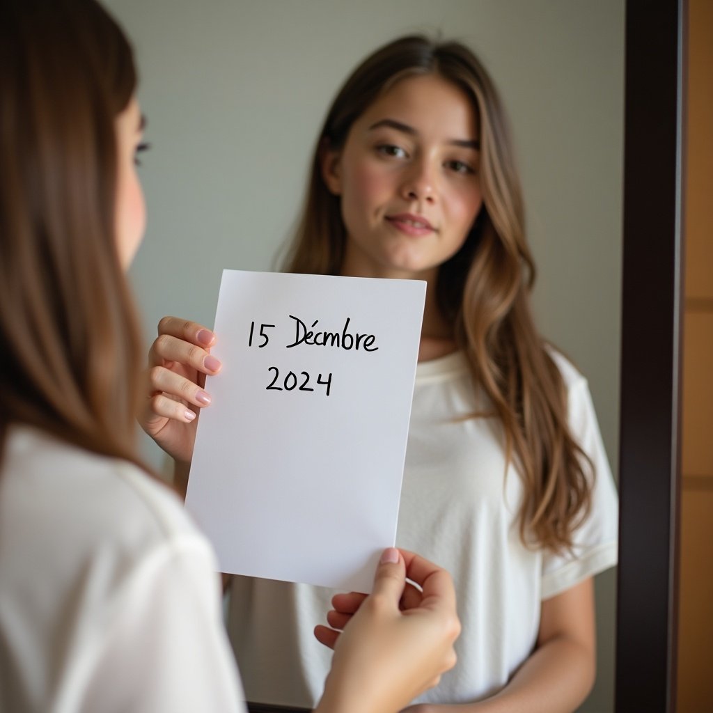 Image of a girl holding a piece of paper with a date written as 15 Décembre 2024 in a neutral indoor setting. Arm and hand are visible. Soft lighting enhances the scene. Paper is the main focus, offering a personal touch.