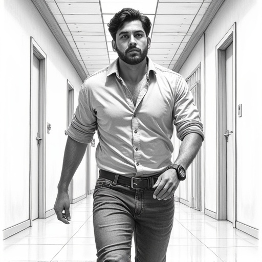 Highly detailed pencil sketch of a man in a corridor. The man has defined features and athletic build. He wears a light blue shirt and dark jeans. The corridor is empty with doors on each side. Lighting is chiaroscuro.