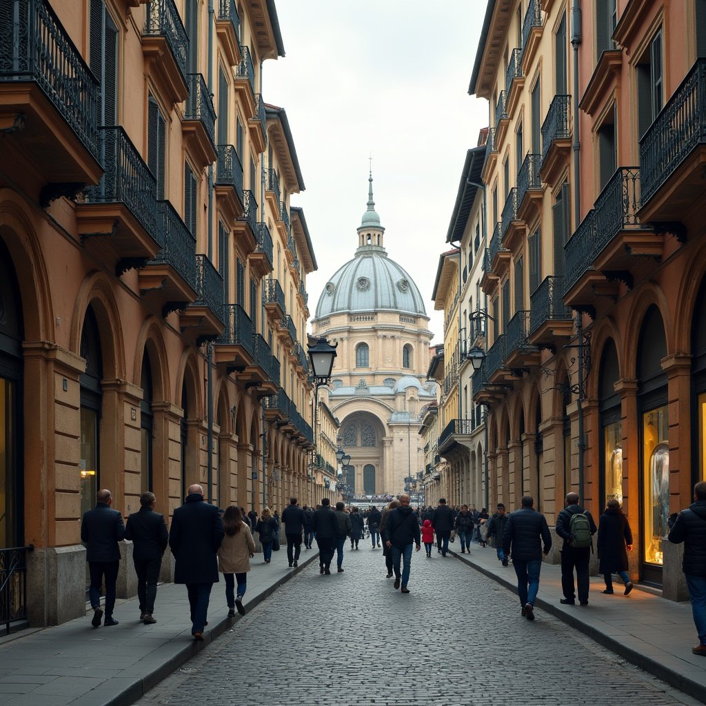 Street view in Milan featuring Giacomo Leopardi area. Cobblestone streets lined with historic buildings. People walking, dome of a church visible in the background.